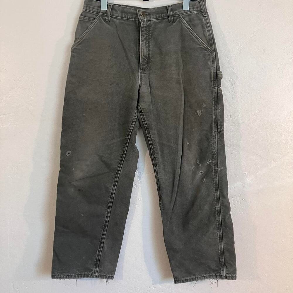 Carhartt Vintage 90s Canvas Flannel‎ Lined Olive Green Distressed Workwear Pants